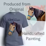 Strength in the Lord Tee Beautiful and Majestic Horse Heather Indigo Colored Haloed Tee shown with the original watercolor painting