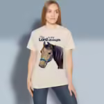 Strength in the Lord Tee Beautiful and Majestic Horse Natural Colored Haloed Tee happy female customer wearing the tee shirt