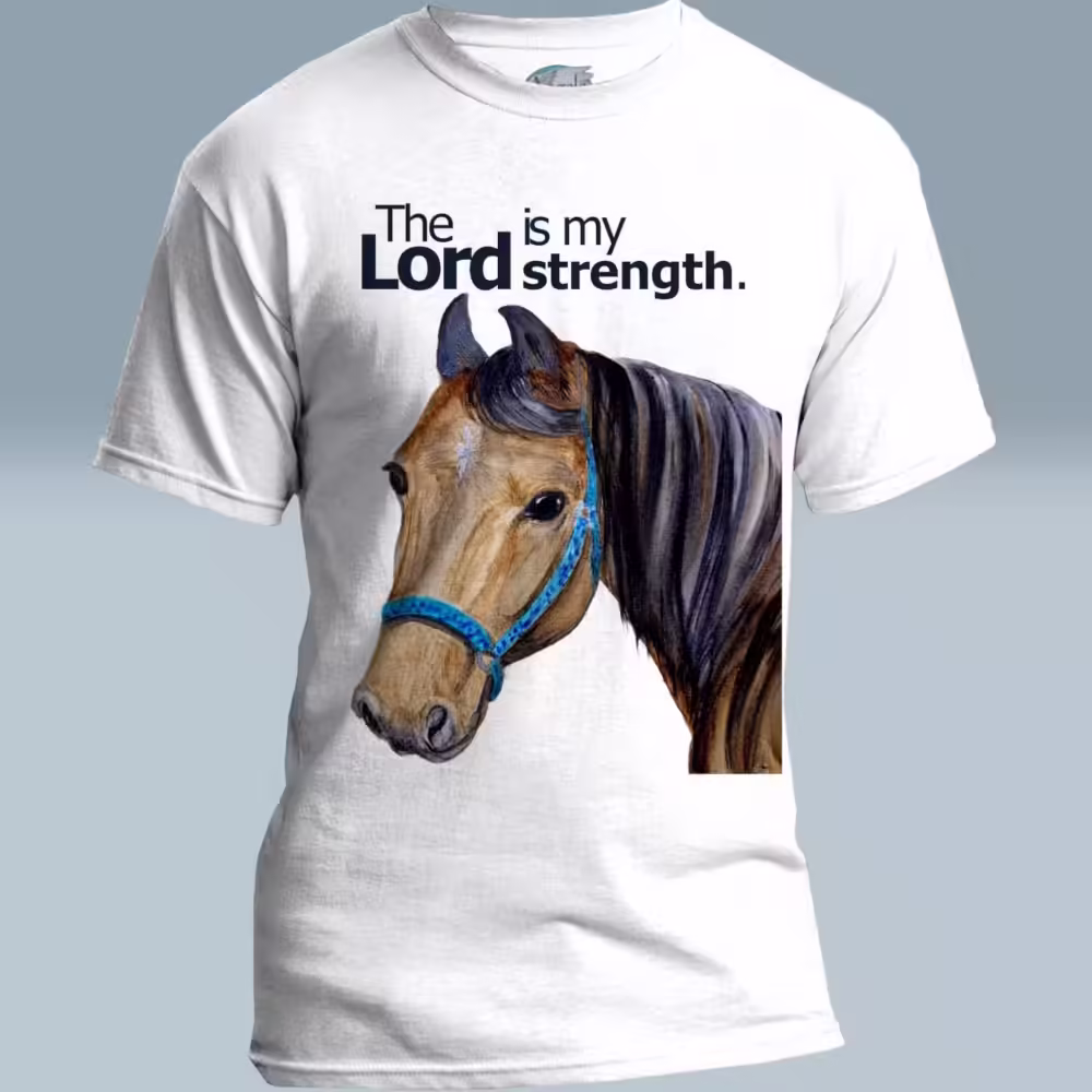 Strength in the Lord Tee Beautiful and Majestic Horse White Colored Haloed Tee