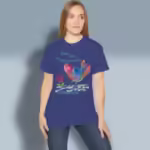 The Designer's Tee A Fantastic New Creation Metro Blue Colored Haloed T-Shirt Happy female customer wearing the tee shirt