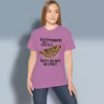 Treasure Moth Tee Beautiful Art and Eternal Wisdom Heather Radiant Orchid Colored Haloed Tee Happy Female Customer Wearing the Tee Shirt
