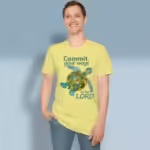 Turtle Trails Tee Trusting in the Lord's Better Path Cornsilk Colored Haloed Tee happy male customer wearing the tee shirt