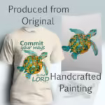 Turtle Trails Tee Trusting in the Lord's Better Path Natural Colored Haloed Tee shown with the original watercolor painting