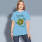 Turtle Trails Tee Trusting in the Lord's Better Path Sky Colored Haloed Tee happy female customer wearing the tee shirt