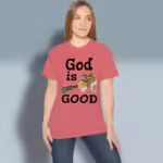 Uplifting Chipmunk Tee The Best Guaranteed Goodness Coral Silk Colored Haloed Tee happy female customer wearing the tee shirt