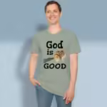 Uplifting Chipmunk Tee The Best Guaranteed Goodness Sage Colored Haloed Tee happy male customer wearing the tee shirt