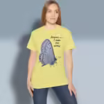 Way of the Skipper Tee Colorful Detailed Beauty in Faith Corn Silk Color Haloed Tee happy female customer wearing the tee shirt