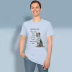 Welcoming Grace Tee Beautiful, Devoted Grey Tabby Kitten Light Blue Colored Haloed Tee happy male customer wearing the tee shirt