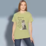 Welcoming Grace Tee Beautiful, Devoted Grey Tabby Kitten Pistachio Colored Haloed Tee hapy female customer wearing the tee shirt
