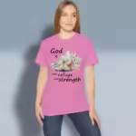 White Conch Tee Secure in God's Refuge and Love Azalea Colored Haloed Tee happy female customer wearing the tee shirt