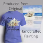 White Conch Tee Secure in God's Refuge and Love Heather Royal Colored Haloed Tee shown with the original watercolor painting