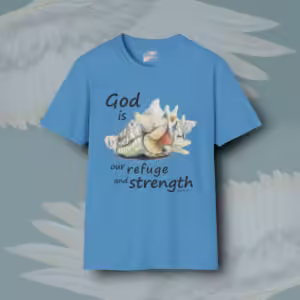 White Conch Tee Secure in God's Refuge and Love Heather Sapphire Colored Haloed Tee Framed By Angels Fly Here