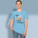 White Conch Tee Secure in God's Refuge and Love Sky Colored Haloed Tee happy male customer wearing the tee shirt