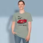 Winning Tee the Faithful Race Running better to Victory Sage Haloed T-Shirt happy male customer wearing the tee shirt