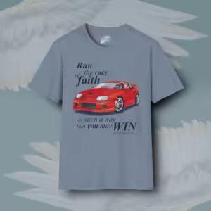 Winning Tee the Faithful Race Running better to Victory Stone Blue Haloed T-Shirt Framed By Angels Fly Here
