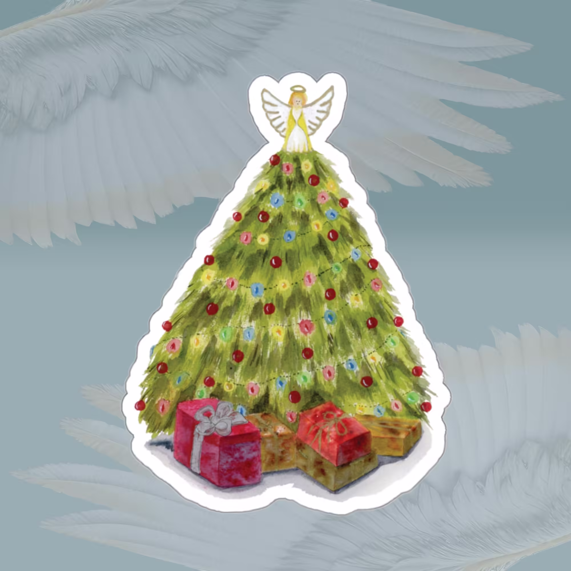 Christmas Tree Joy Angel & Presents Sticker 6x6 White Framed By Angels Fly Here