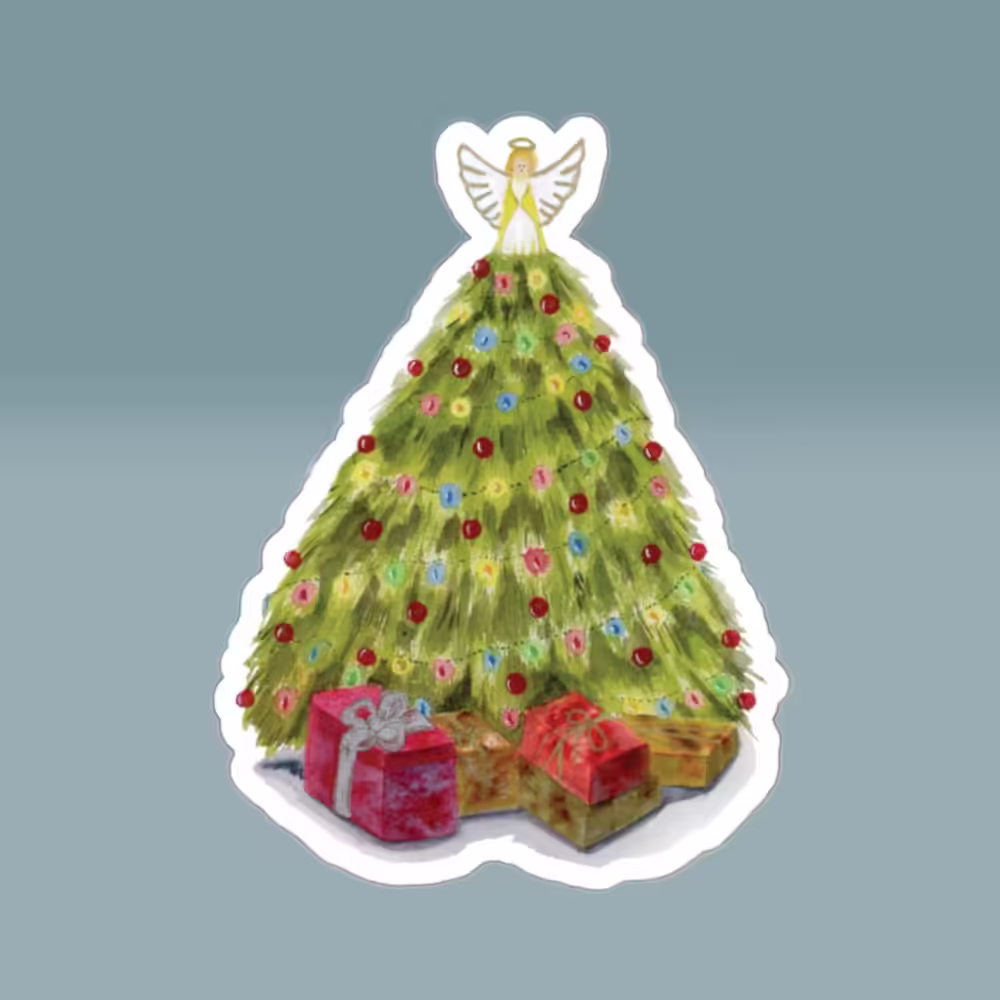 Christmas Tree Joy Angel & Presents Sticker White