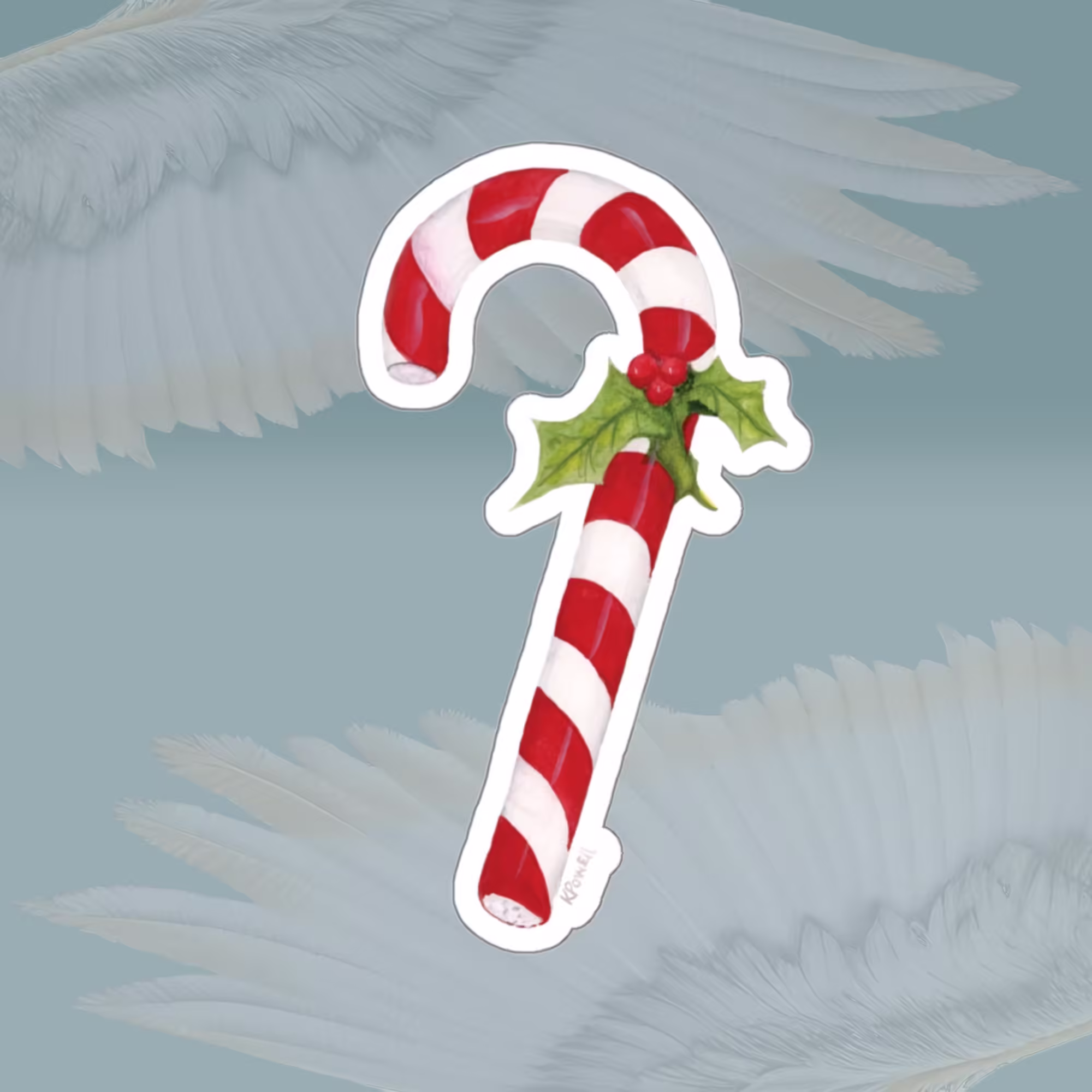 Classic Christmas Candy Cane Sticker White Framed By Angels Fly Here