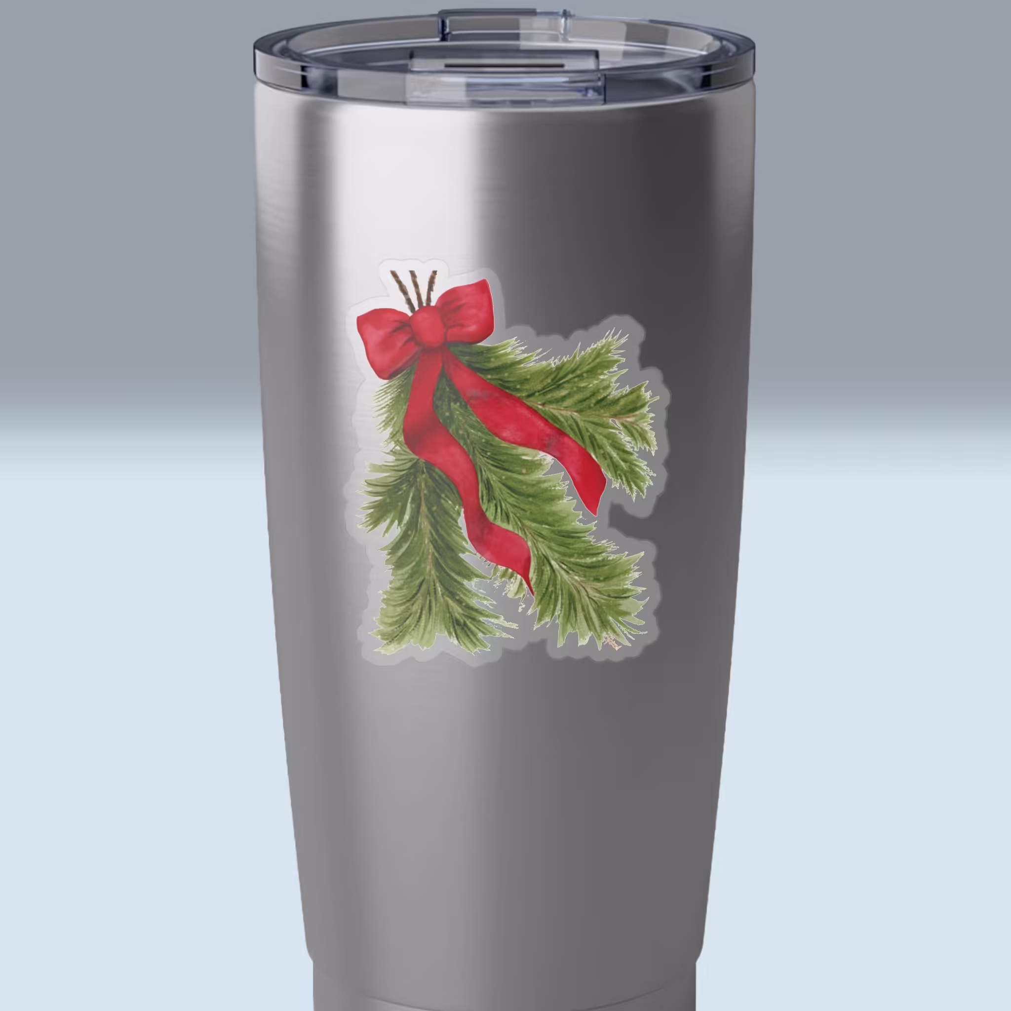 Classic Garland Red Bow Christmas Sticker 3x3 Transparent on a tumbler