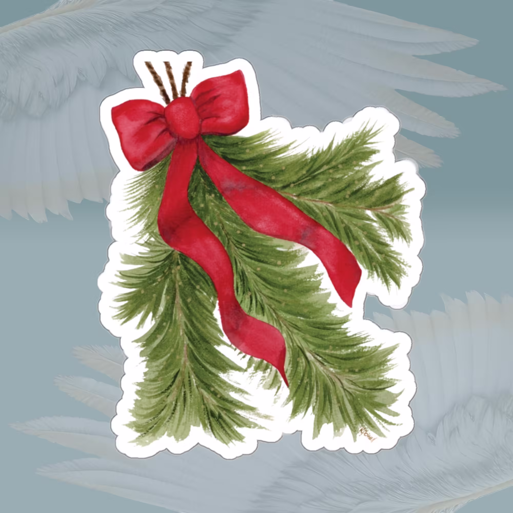 Classic Garland Red Bow Christmas Sticker White Framed By Angels Fly Here