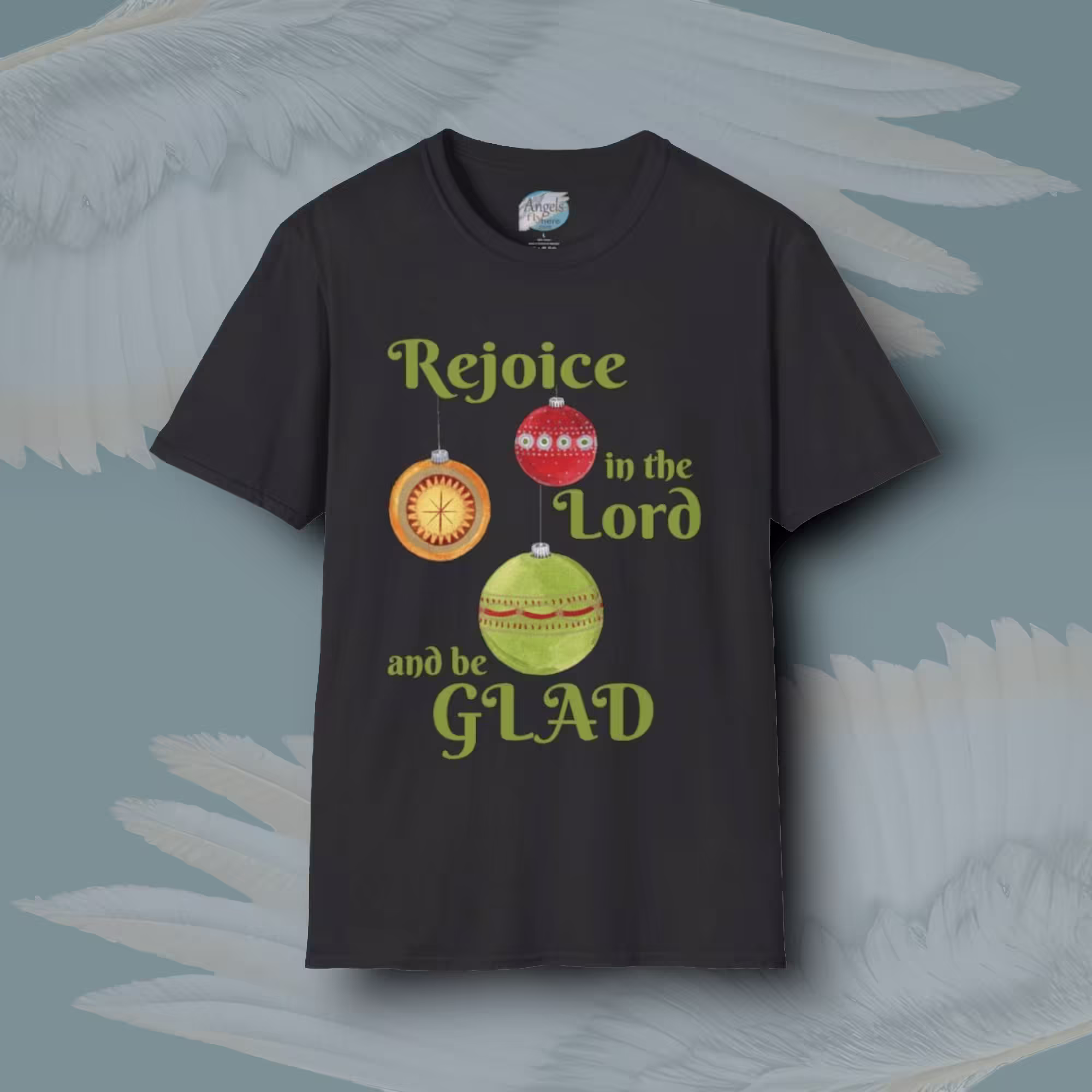 Festive Ornaments Tee Shining Stars & Holiday Cheer Black Colored Haloed Tee bt Angels Fly Here