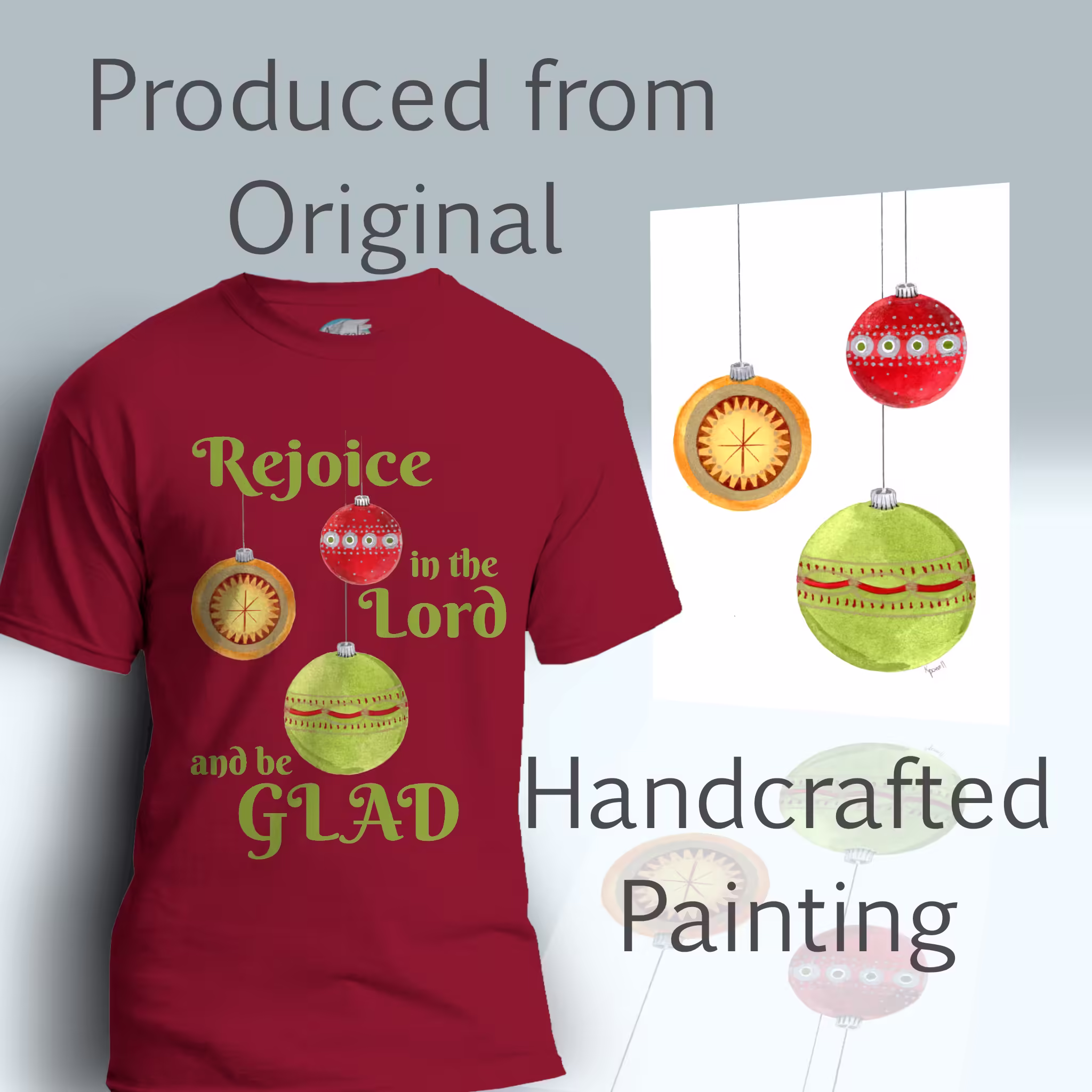 Festive Ornaments Tee Shining Stars & Holiday Cheer Cardinal Red Colored Haloed Tee Shown With The original Painting