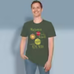 Festive Ornaments Tee Shining Stars & Holiday Cheer Forest Green Colored Haloed Tee Happy Male Customer Wearing the Tee
