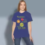 Festive Ornaments Tee Shining Stars & Holiday Cheer Metro Blue Colored Haloed Tee Happy Female Customer Wearing the Tee