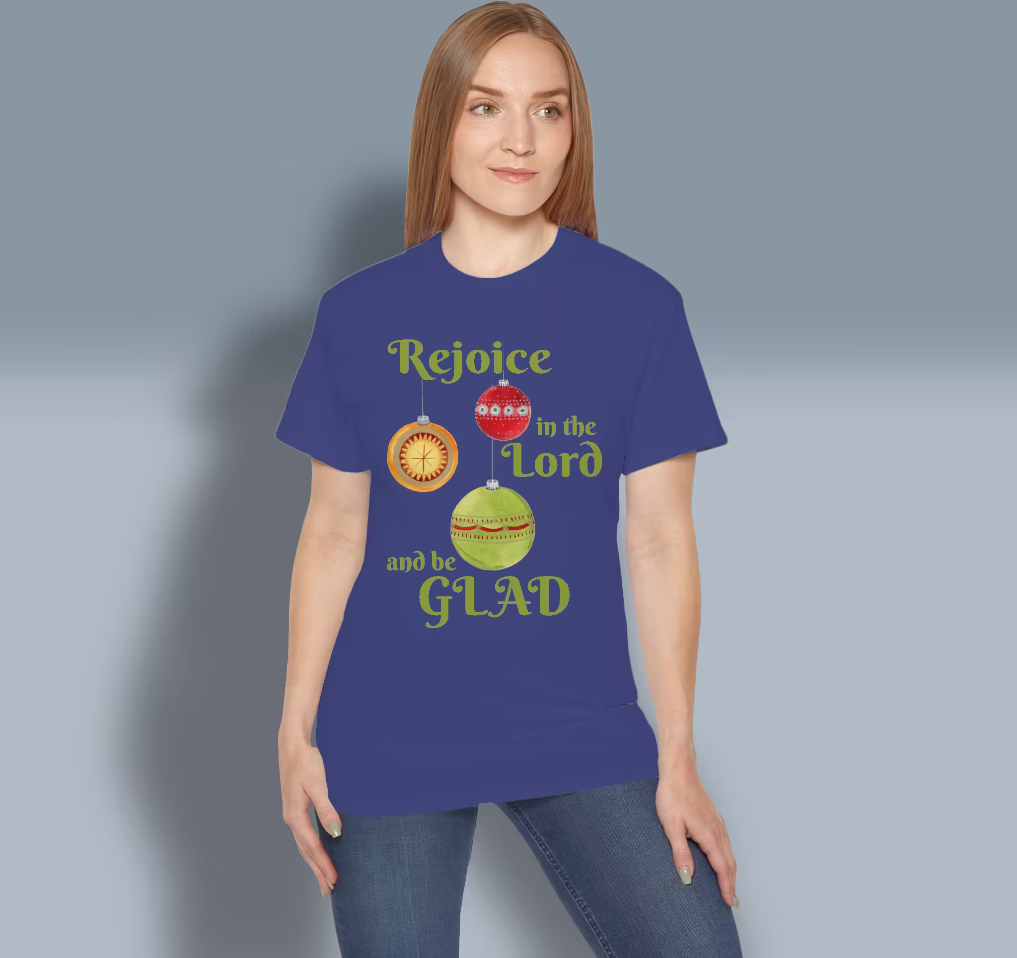 Festive Ornaments Tee Shining Stars & Holiday Cheer Metro Blue Colored Haloed Tee Happy Female Customer Wearing the Tee