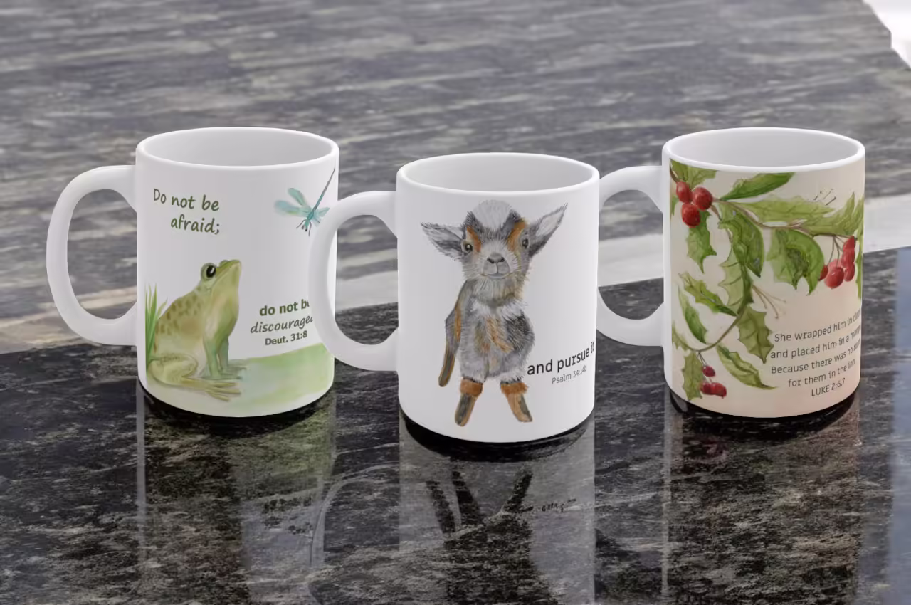 Gift set with faith-filled family mugs on a clean granite Conter Top