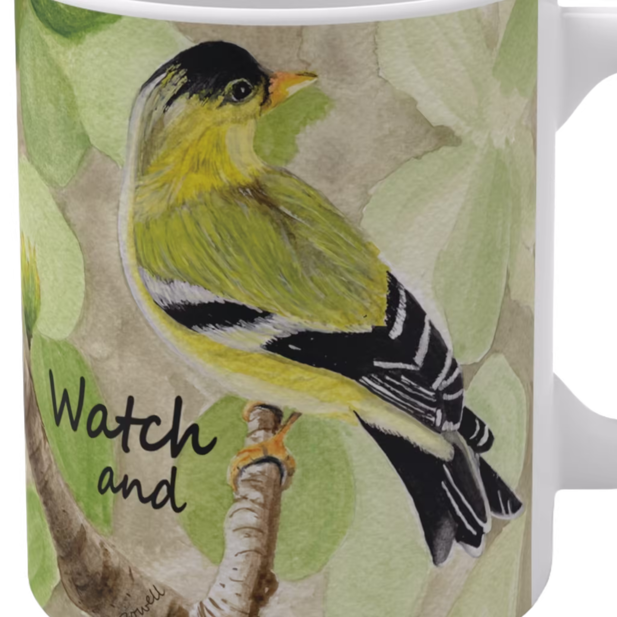 Golden Guidance Beautiful Finch Watch and Pray Faith Mug Spiritual Sips Coffee Cup Right Side Close up