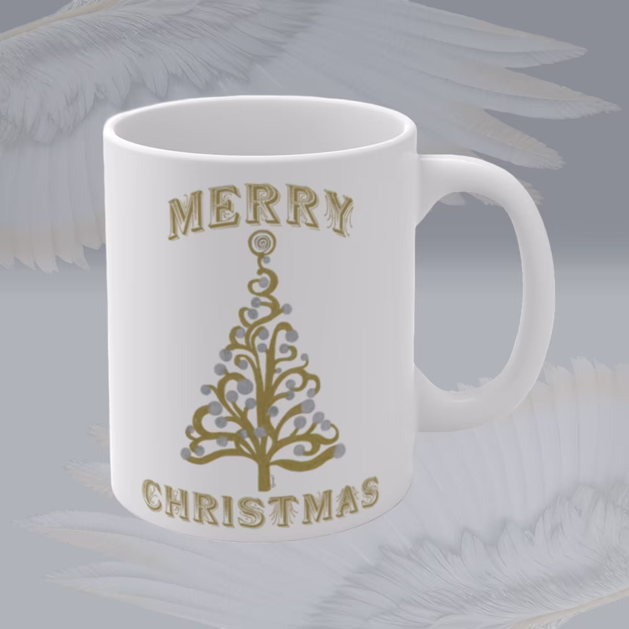 Golden Merry Christmas Tree Mug Right Framed By Angels Fly Here