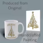 Golden Merry Christmas Tree Mug Right Shown with the Original Watercolor Painting