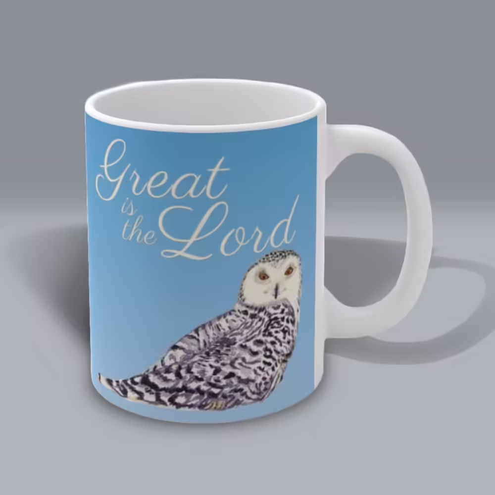Great is the Lord Snow Owl Mug – Spiritual Sips Winter Collection Right