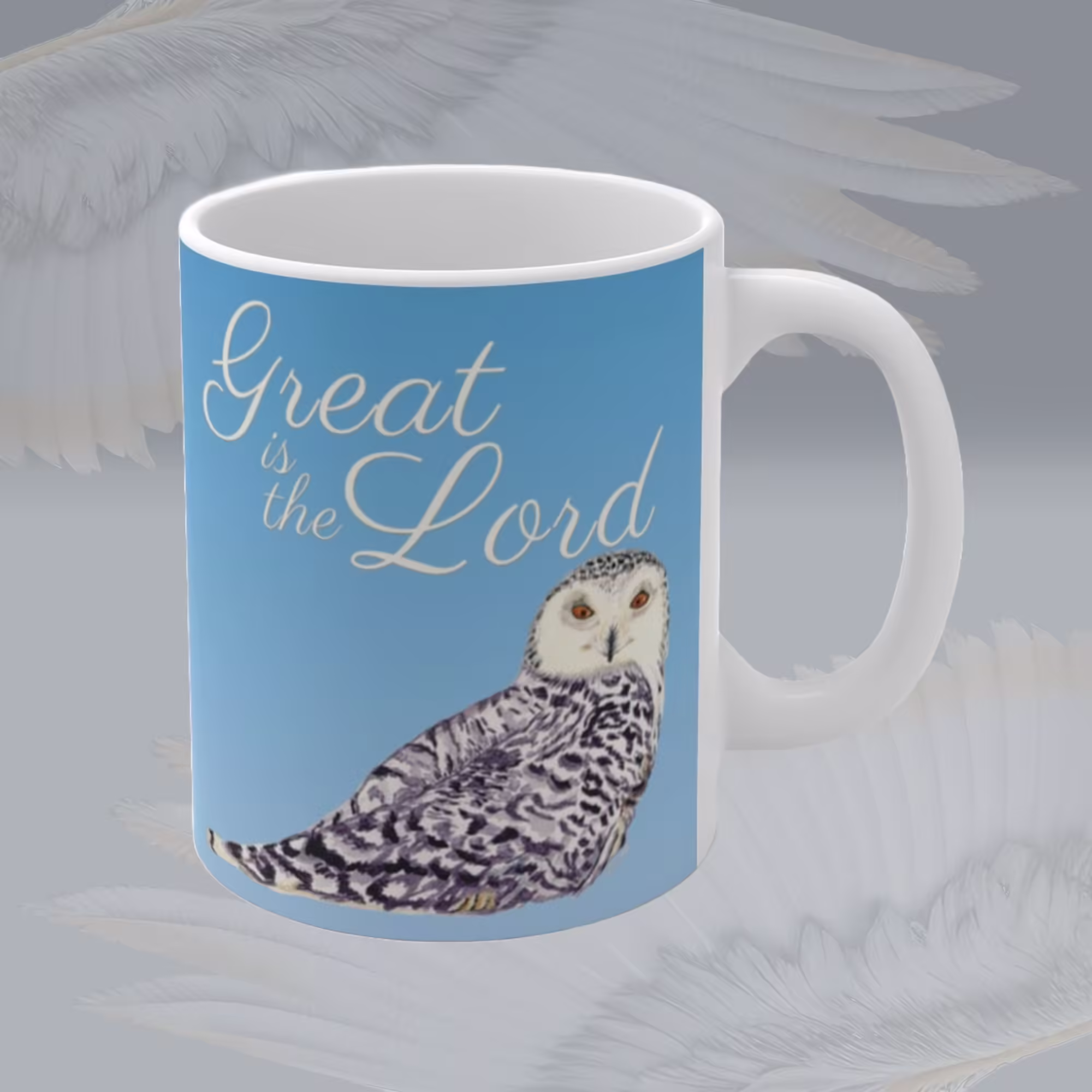 Great is the Lord Snow Owl Mug – Spiritual Sips Winter Collection Right Framed By Angels Fly Here