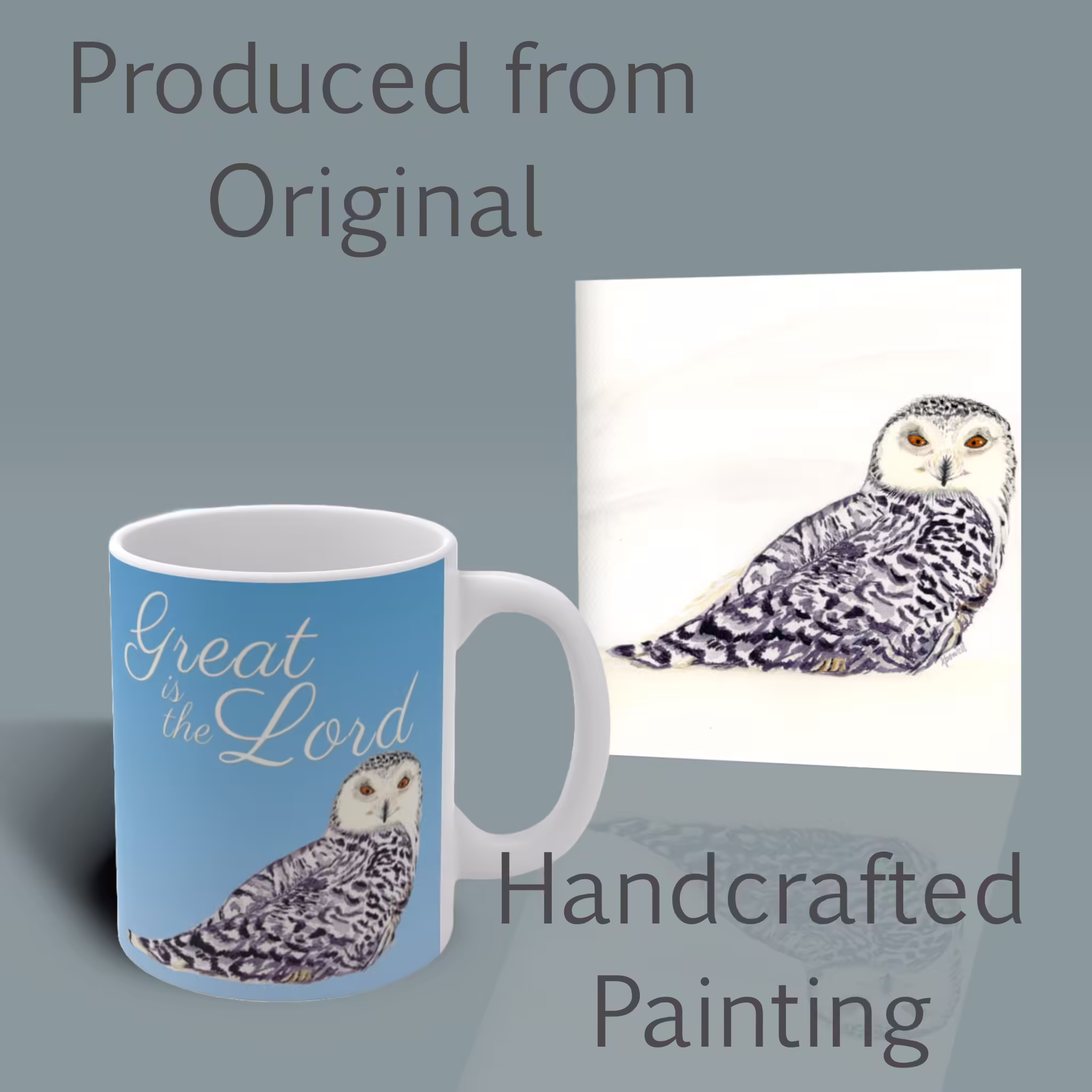 Great is the Lord Snow Owl Mug – Spiritual Sips Winter Collection Right Shown with the Original Watercolor painting