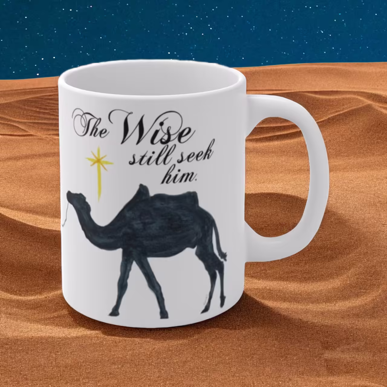 Light of the World Mug Amazingly Beautiful, Devoted to Christmas Spiritual Sips Left Side Desert Night