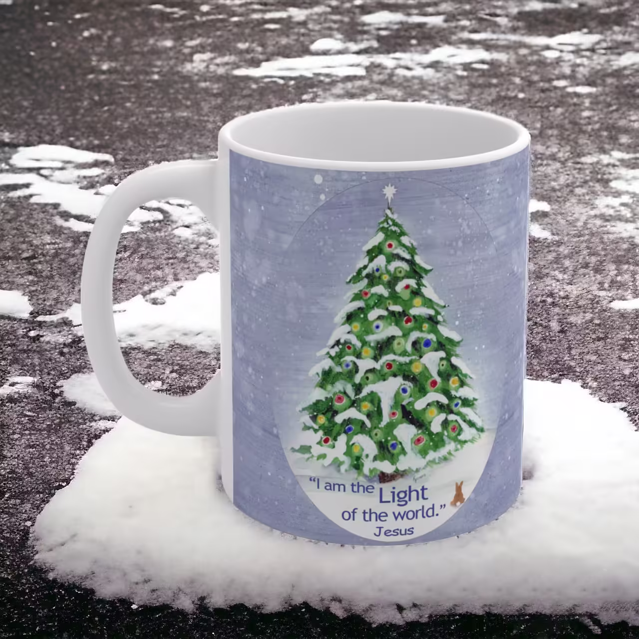 Light of the World Mug Amazingly Beautiful, Devoted to Christmas Spiritual Sips Left Side in the snow