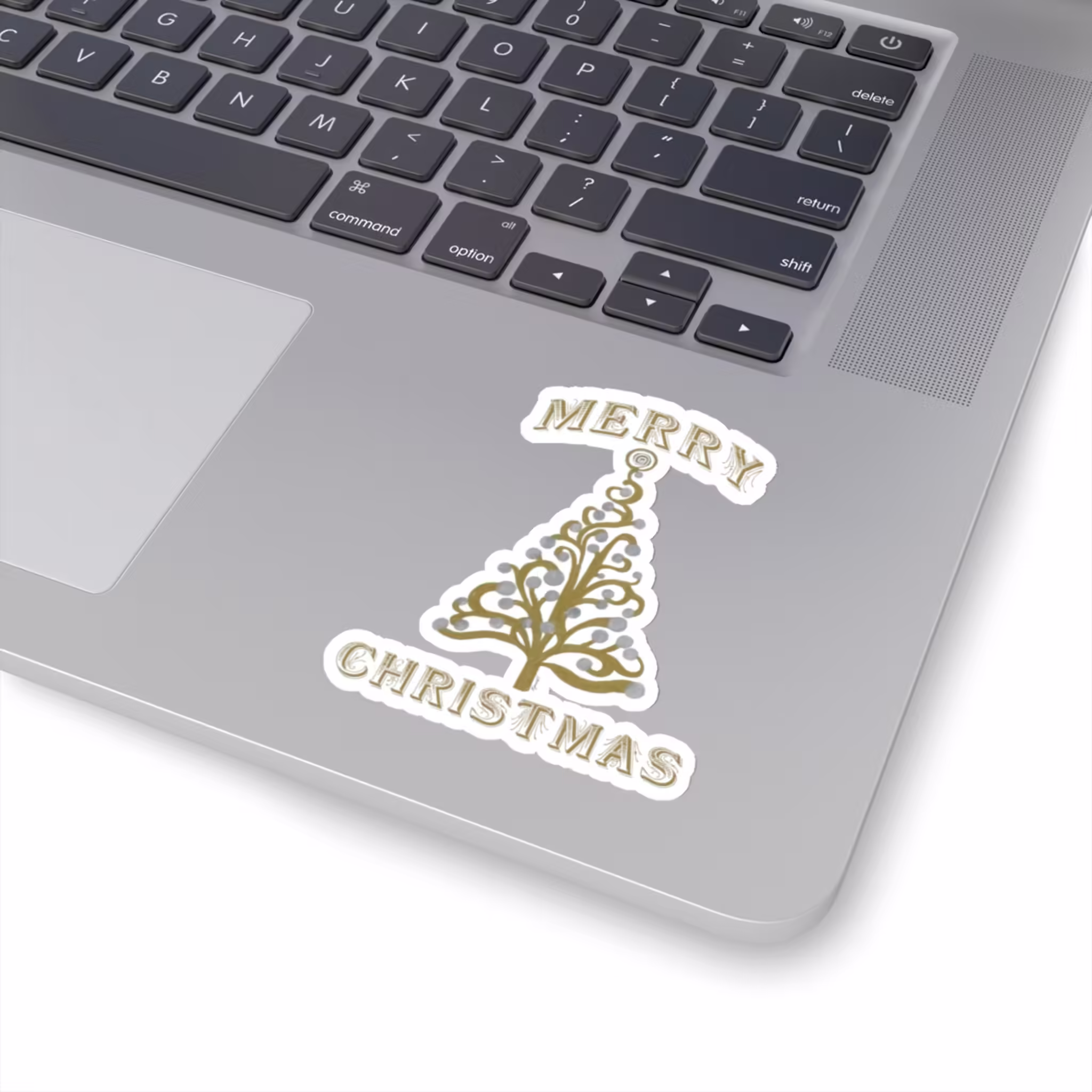 Merry & Bright Gold Christmas Tree Sticker 3x3 White