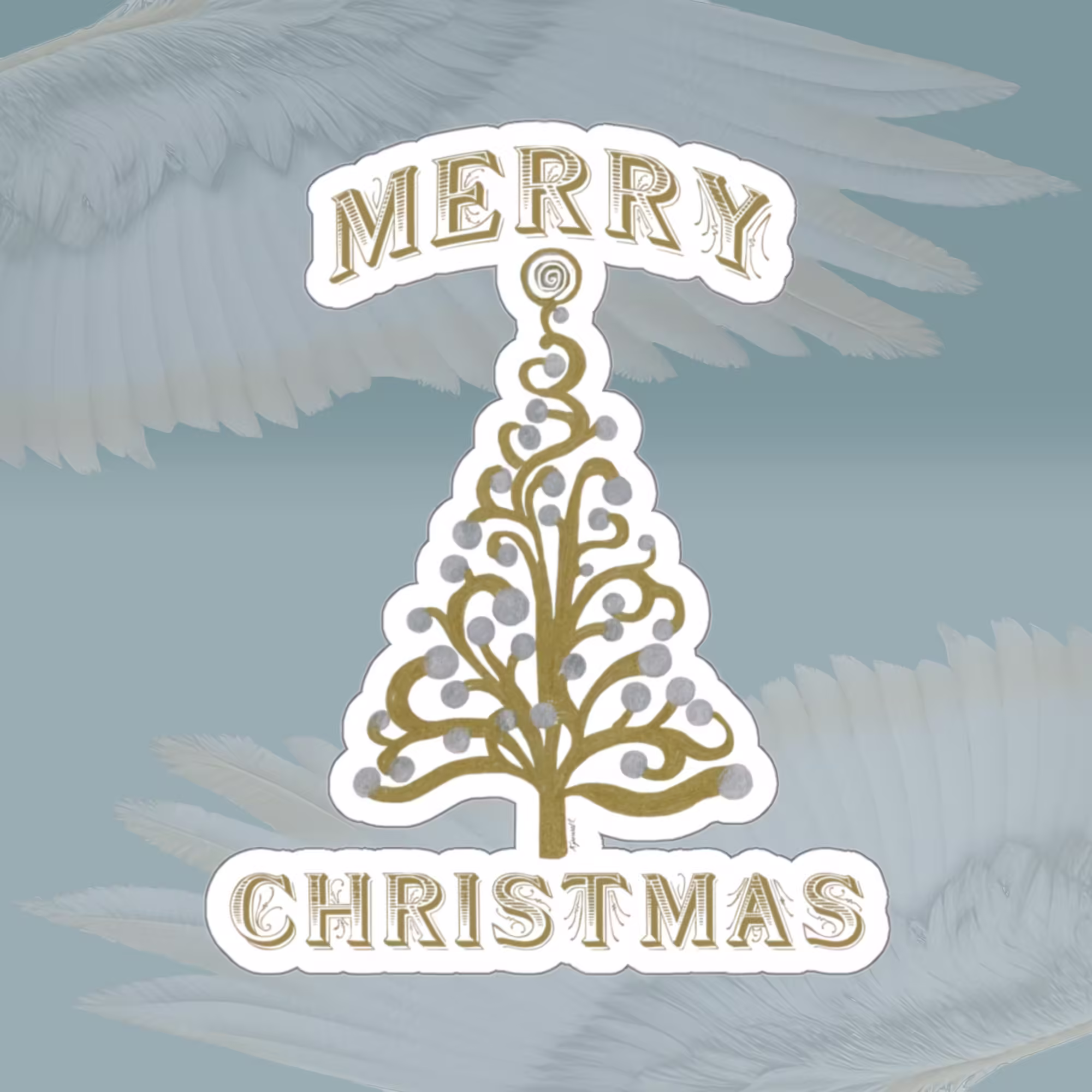 Merry & Bright Gold Christmas Tree Sticker 4x4 Framed By Angels Fly Here