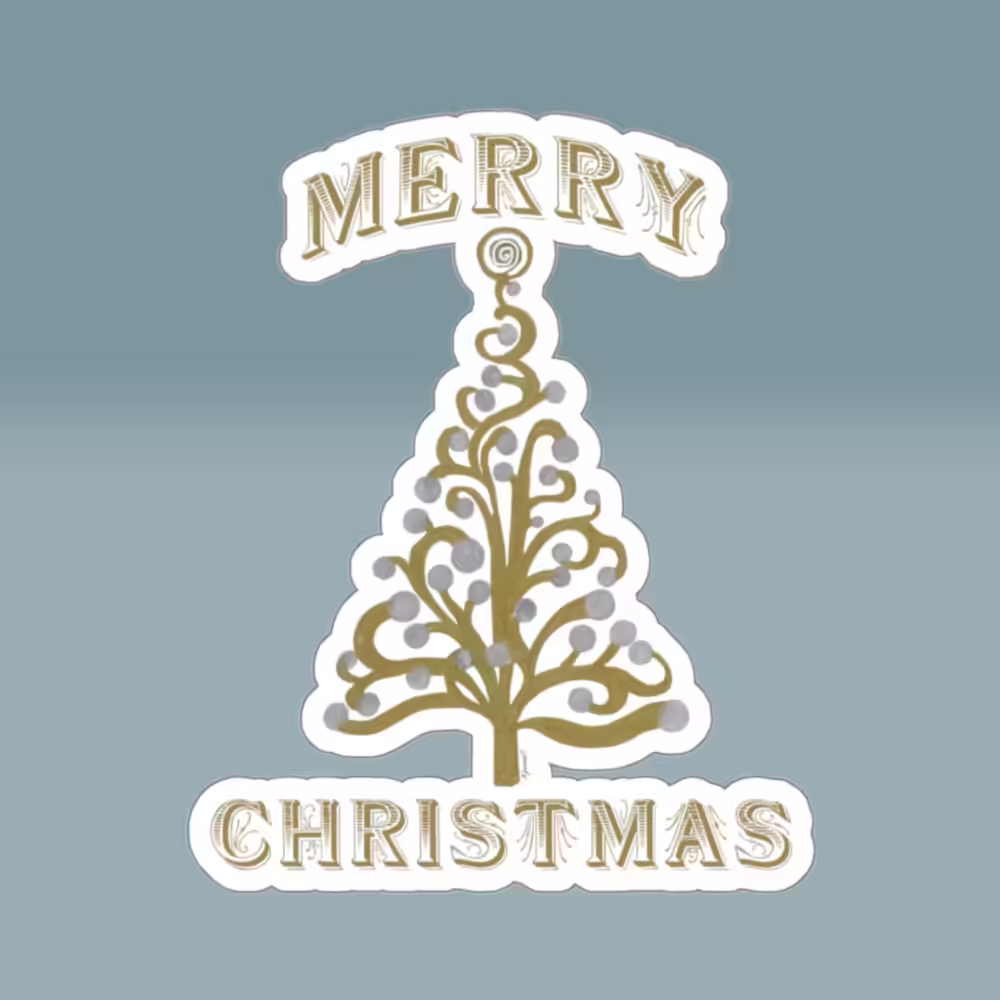 Merry & Bright Gold Christmas Tree Sticker White