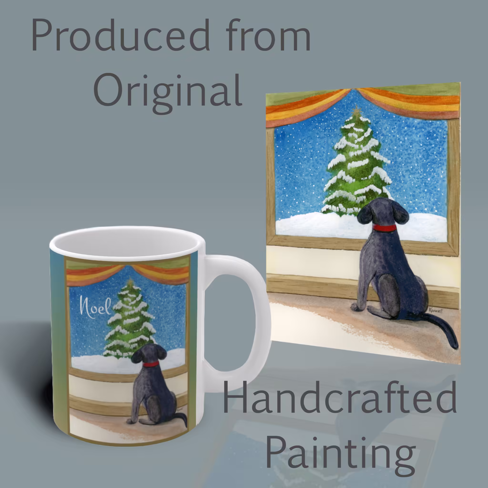 Noel Nightwatch Black Labrador Mug – Winter Collection Right Shown with the Original Watercolor Painting
