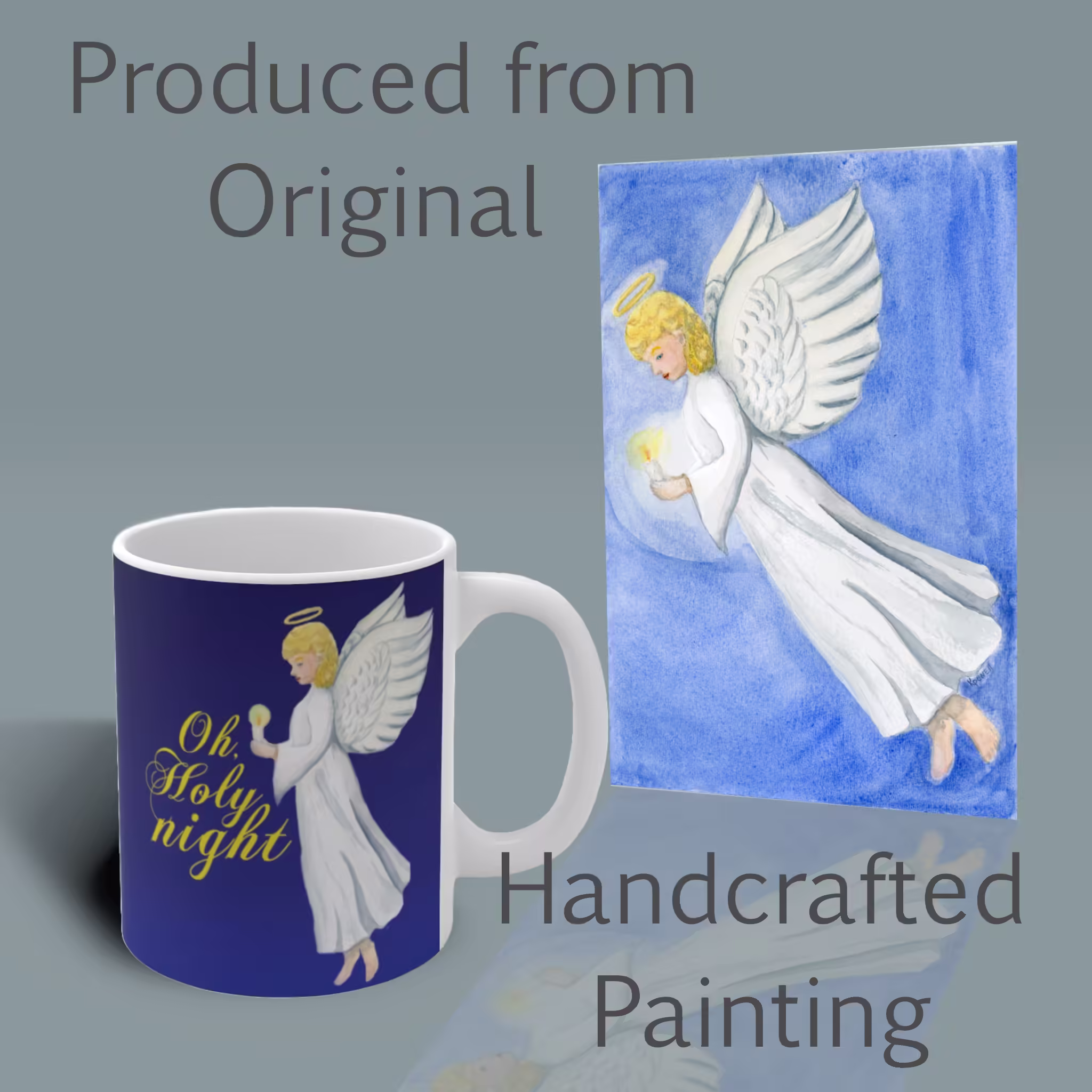 Oh Holy Night Angel Mug – Spiritual Sips Winter Collection Right Shown with the Original Watercolor painting