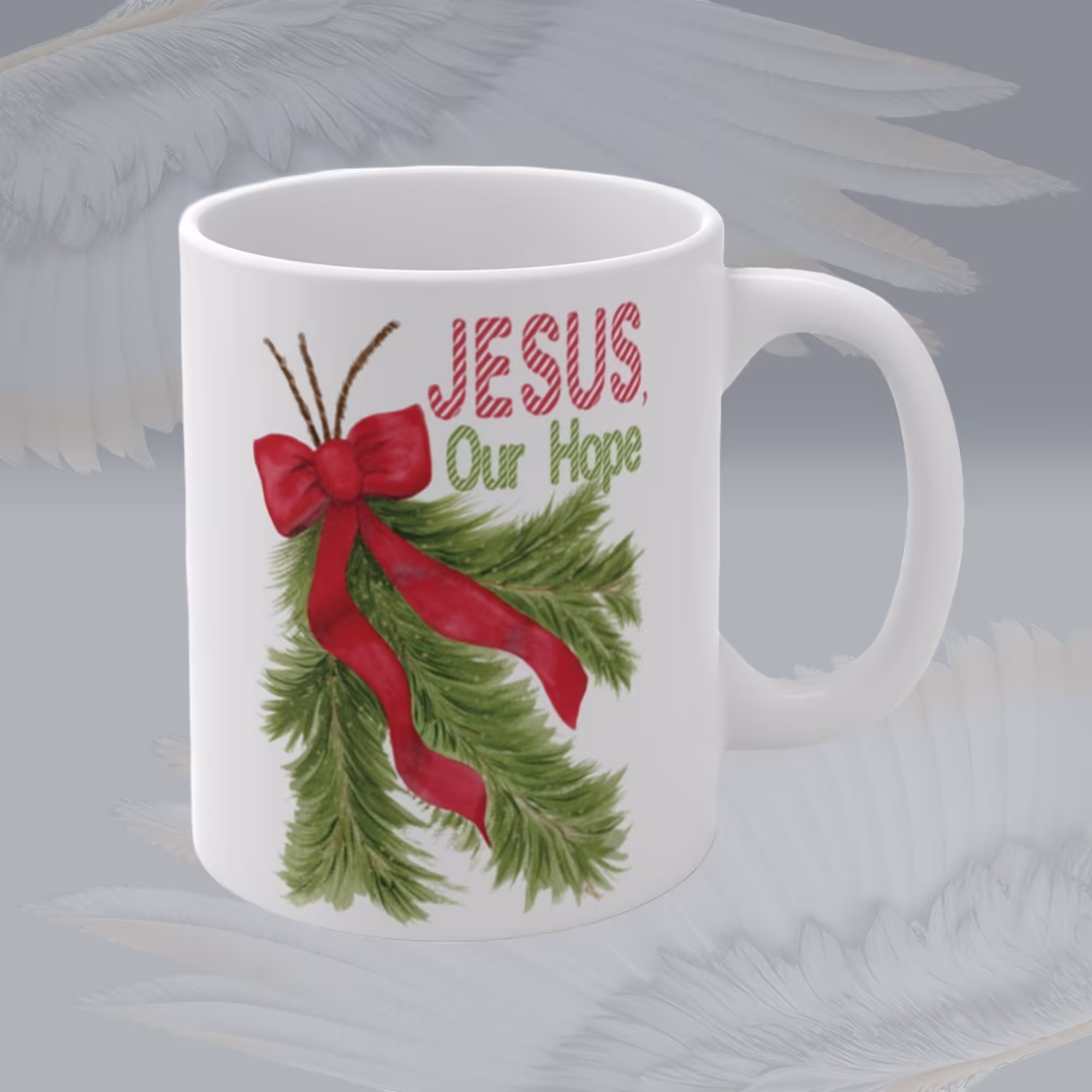 Red Bow of Hope Christmas Mug Framed By Angels Fly Here