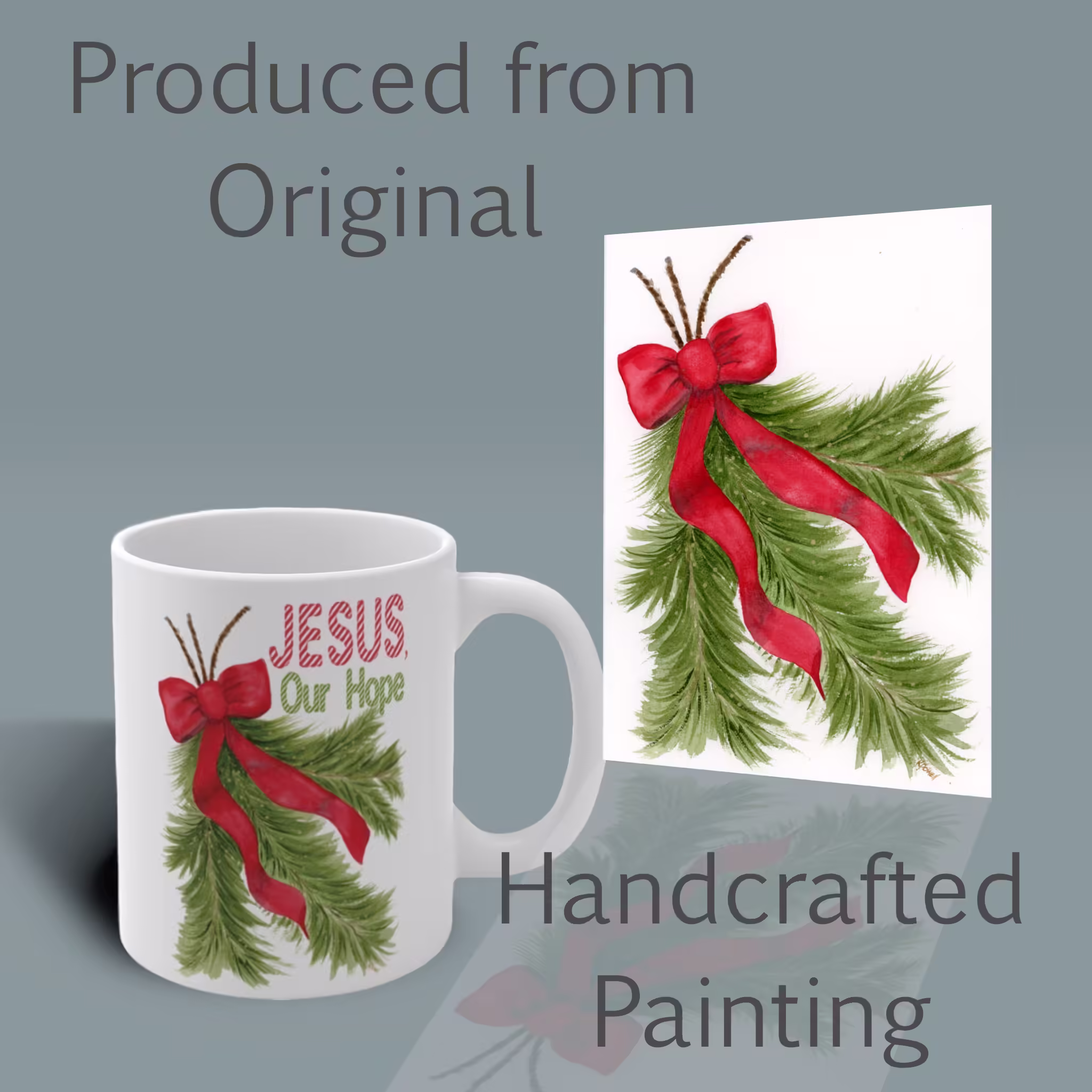 Red Bow of Hope Christmas Mug Shown with the Original Watercolor Painting