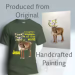 Reindeer Tee - Christmas Lights Edition Forest Green Haloed Tee Shown with the Original Watercolor Painting