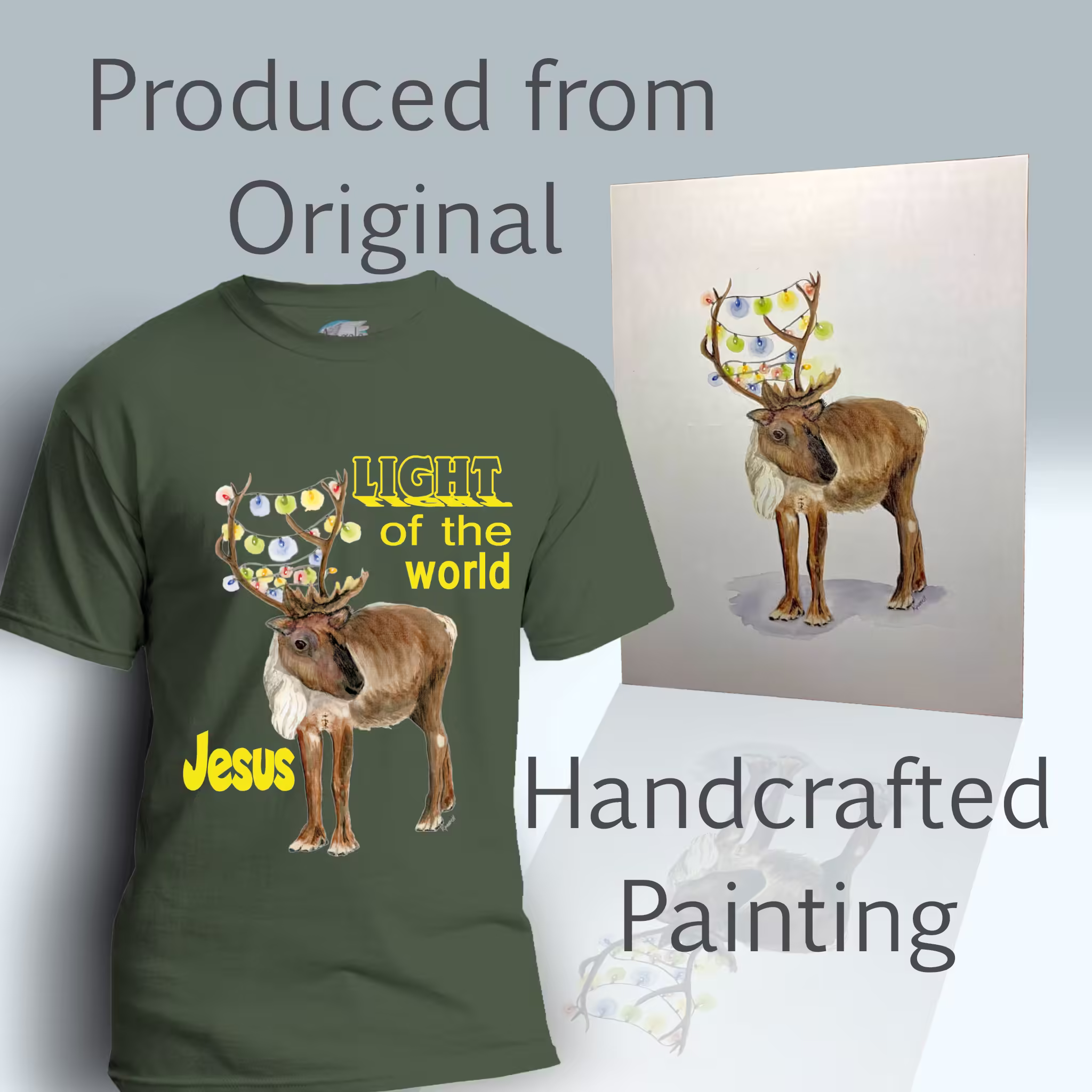 Reindeer Tee - Christmas Lights Edition Forest Green Haloed Tee Shown with the Original Watercolor Painting