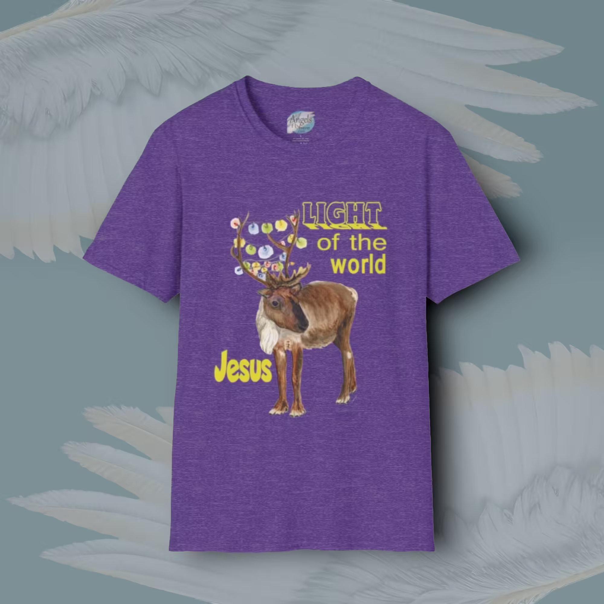 Reindeer Tee - Christmas Lights Edition Heather Purple Colored Haloed Tee By Angels Fly Here