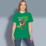 Reindeer Tee - Christmas Lights Edition Kelly Green Haloed Tee Happy Female Customer wearing the T-shirt V2
