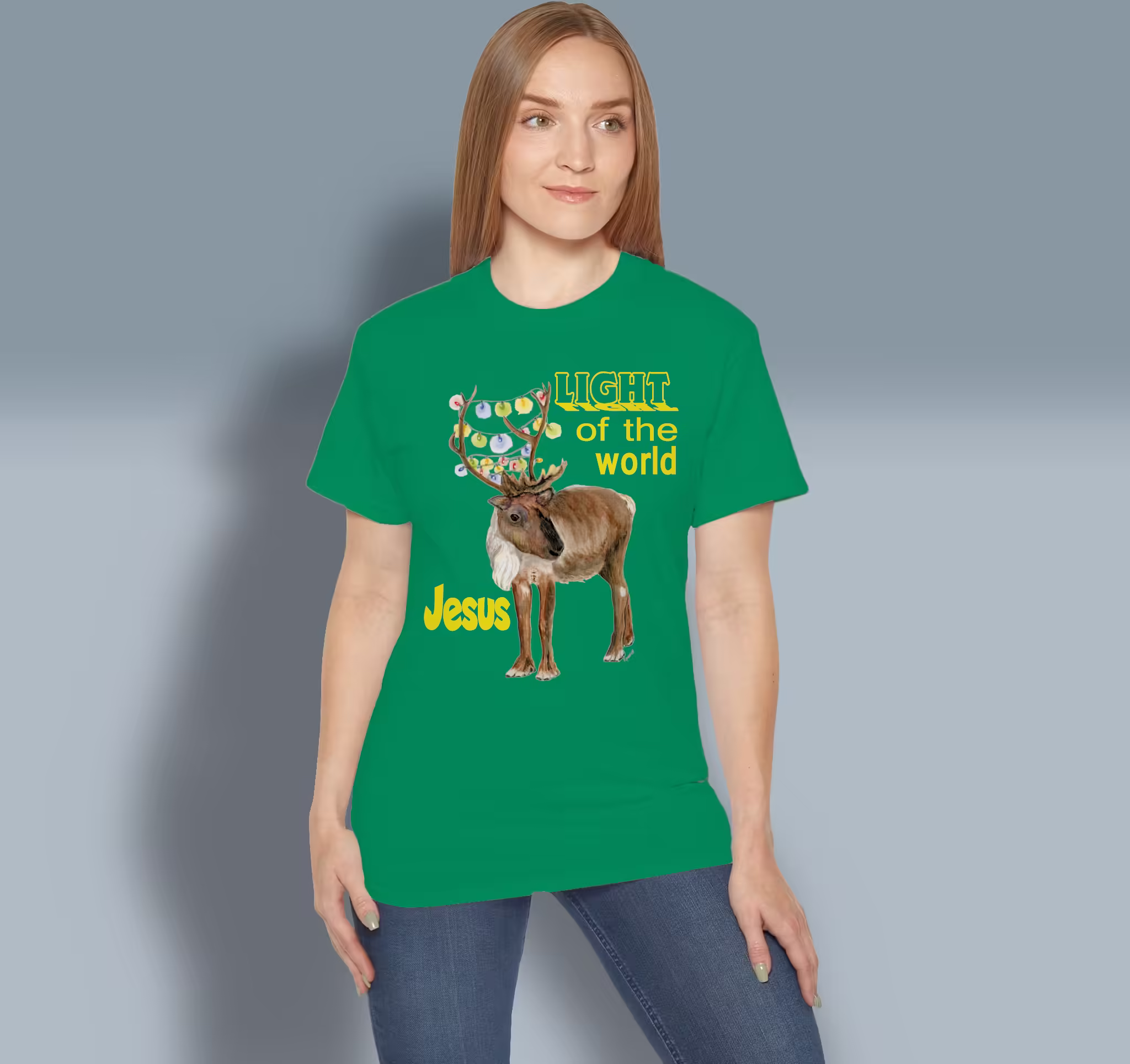 Reindeer Tee - Christmas Lights Edition Kelly Green Haloed Tee Happy Female Customer wearing the T-shirt V2